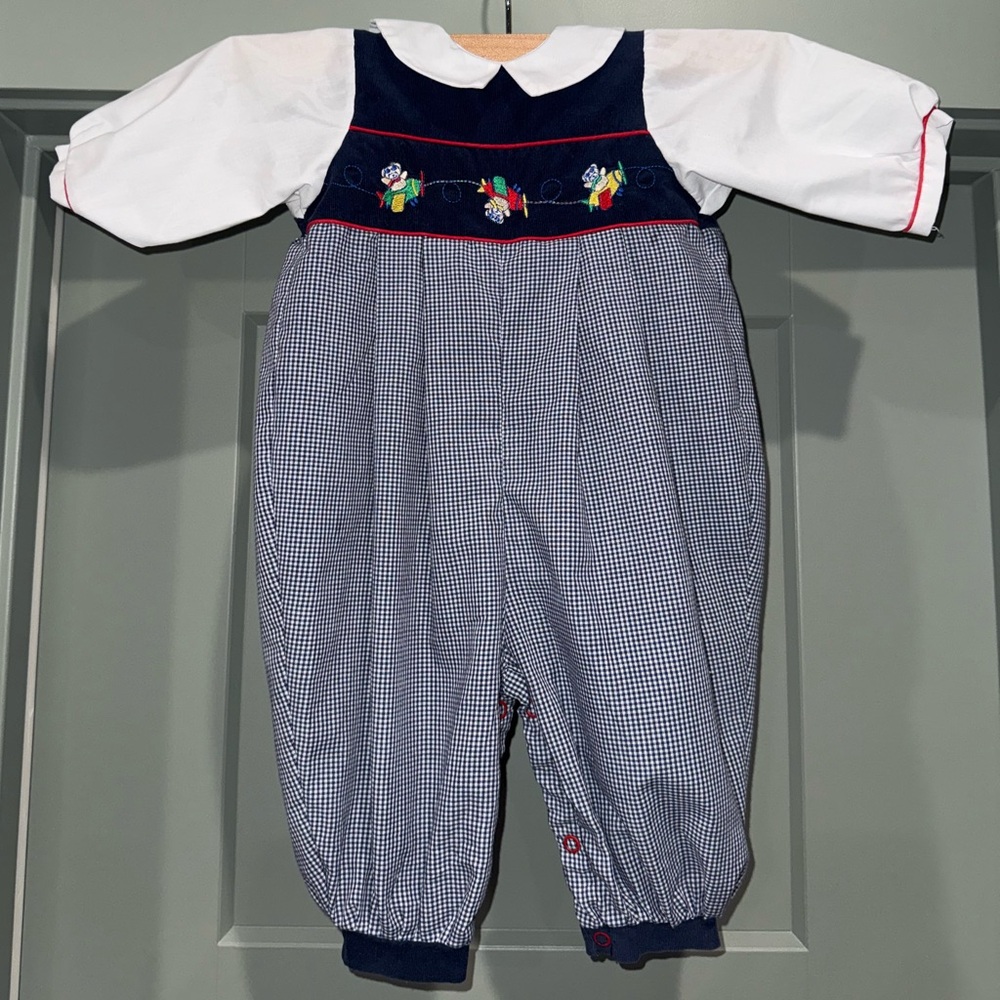 Vintage Alexis Baby Outfit 9M Smocked Toy Embroidery Navy Gingham Holiday Romper